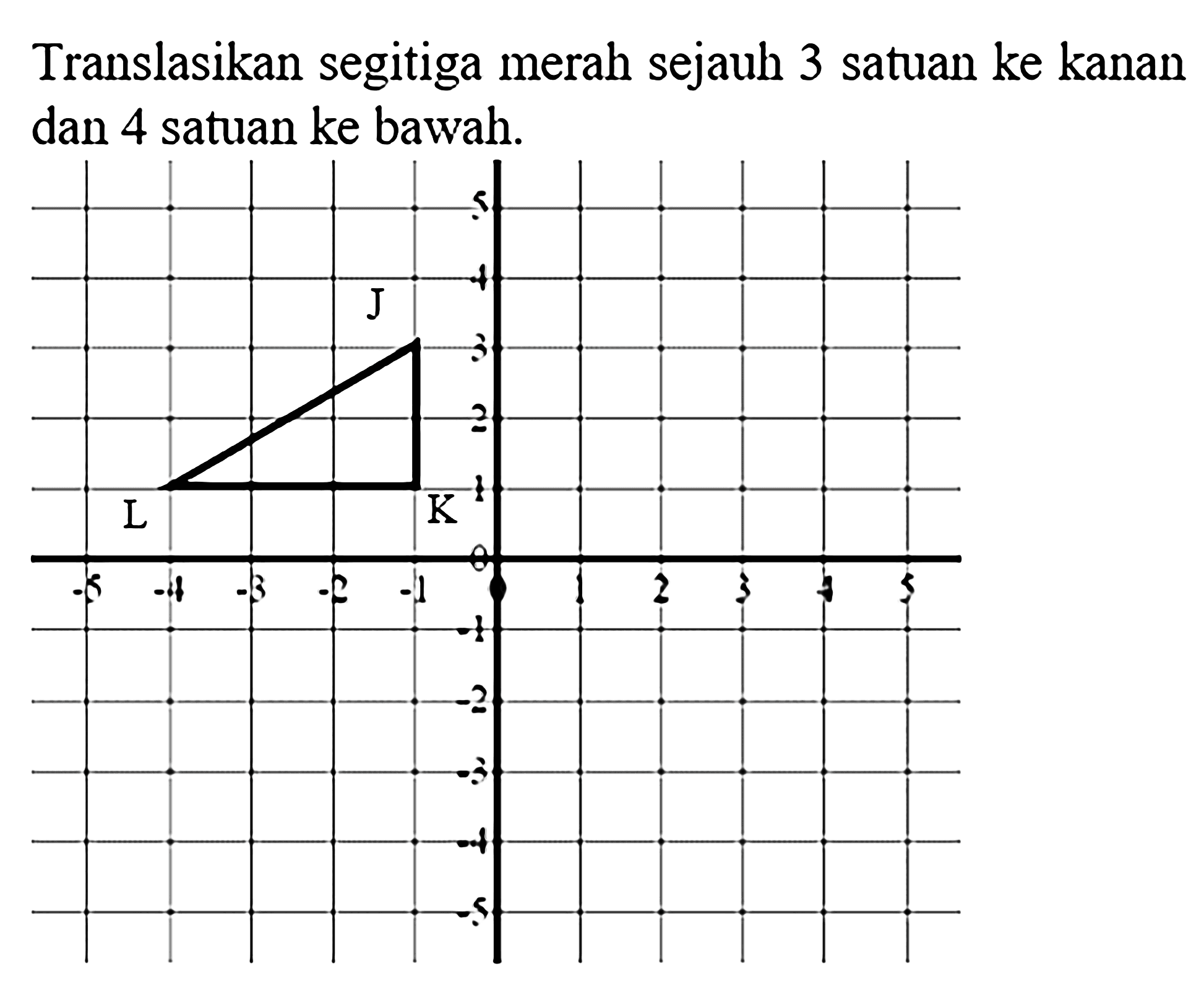 Translasikan segitiga merah sejauh 3 satuan ke kanan dan 4 satuan ke bawah.