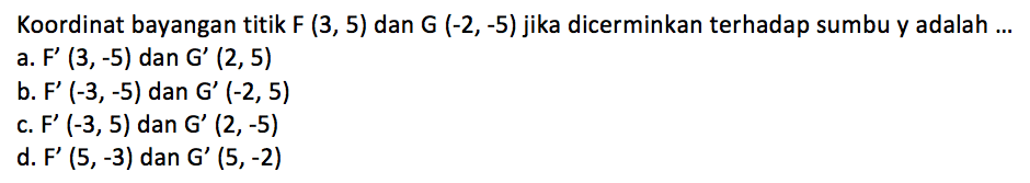 Koordinat bayangan titik F (3,5) dan G (-2,-5) jika dicerminkan terhadap sumbu y adalah ...