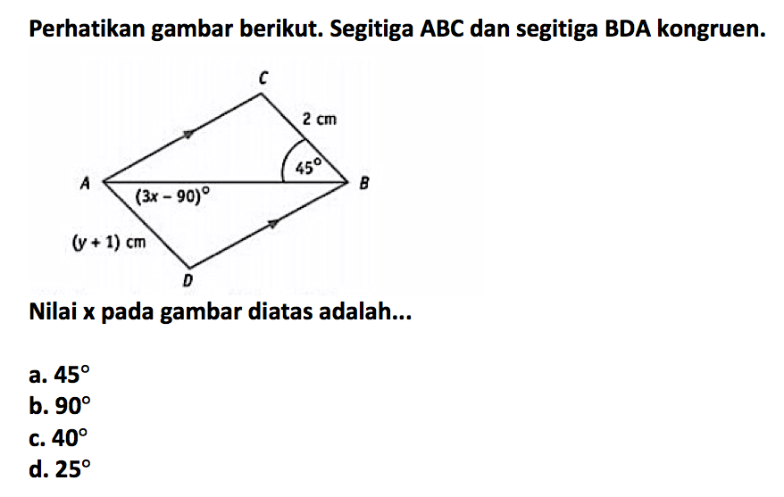 Perhatikan gambar berikut. Segitiga ABC dan segitiga BDA kongruen. C 2 cm 45 A B (3x-90) (y+1) cm D Nilai x pada gambar diatas adalah...