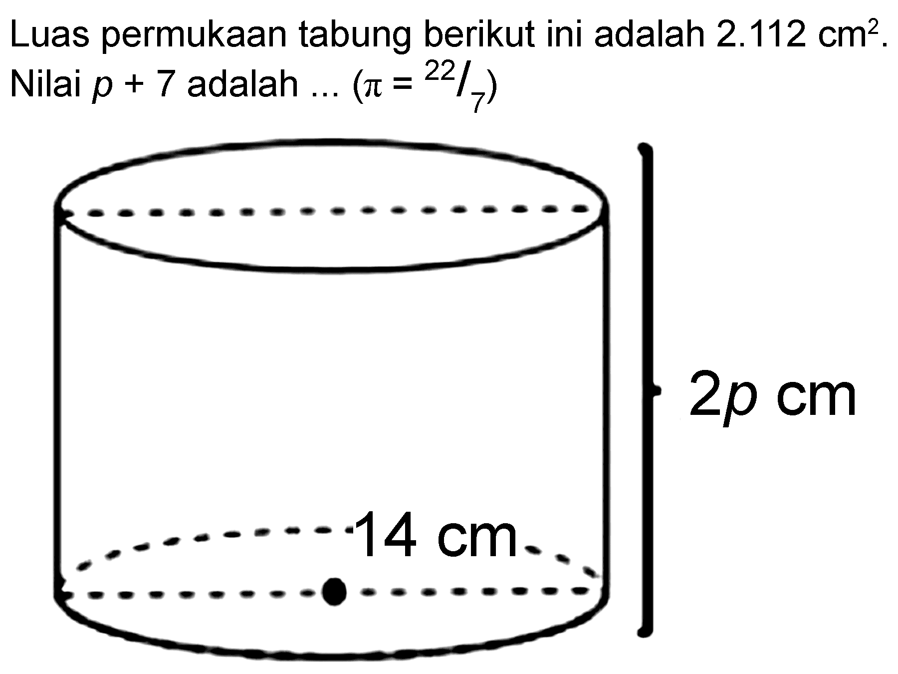 Luas permukaan tabung berikut ini adalah  2.112 cm^2 . 
Nilai  p+7  adalah ...  (pi=22/7) 