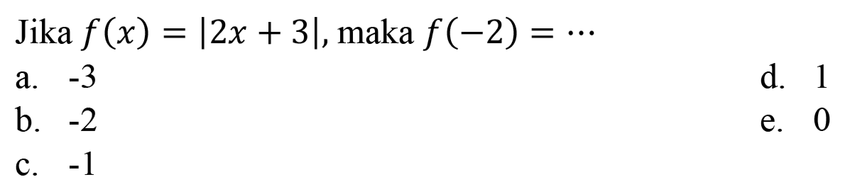 Jika f(x)=|2x + 3|, maka f(-2)=-3