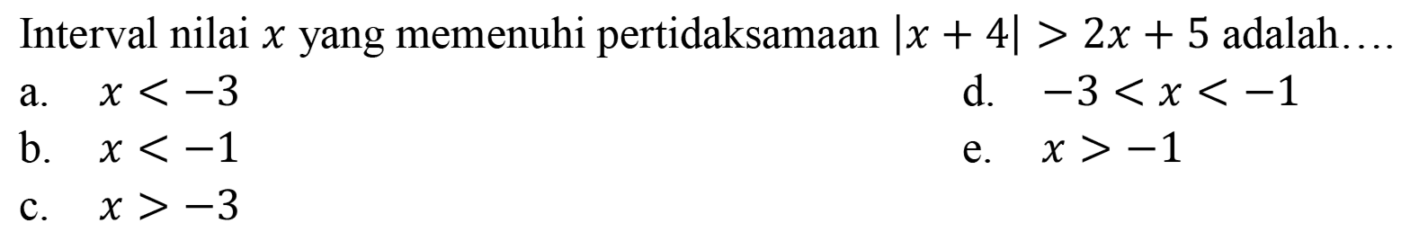 Interval nilai x yang memenuhi pertidaksamaan Ix+4|>2x+5 adalah ...