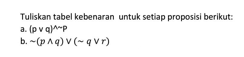 Tuliskan tabel kebenaran untuk setiap proposisi berikut: a.  (p v q)^ ~ p  b.  ~(p ^ q)v(~ q v r) 