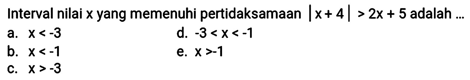 Interval nilai x yang memenuhi pertidaksamaan |x+4|>2x+5 adalah ...