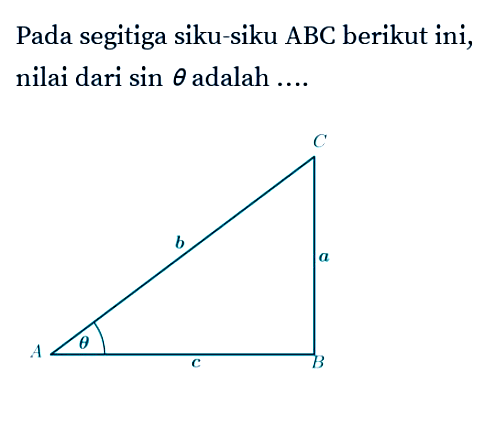 Pada segitiga siku-siku ABC berikut ini, nilai dari sin theta adalah.... 