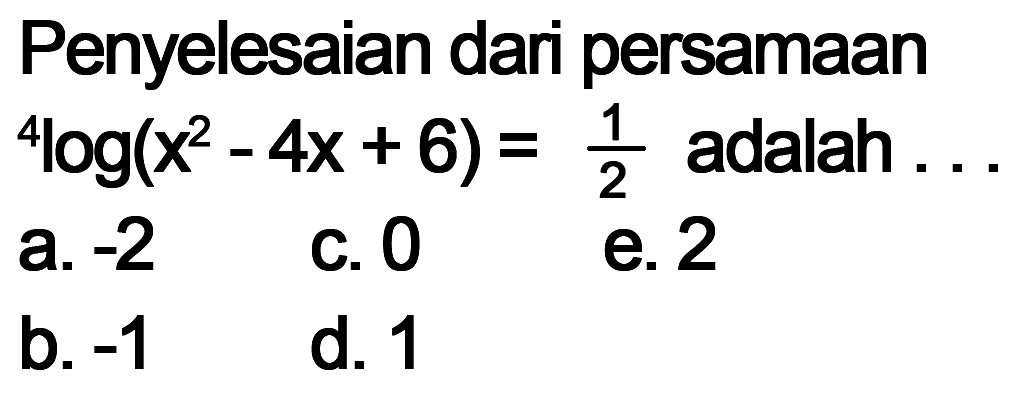 Penyelesaian dari persamaan 4log(x^2-4x+6)=1/2 adalah ...