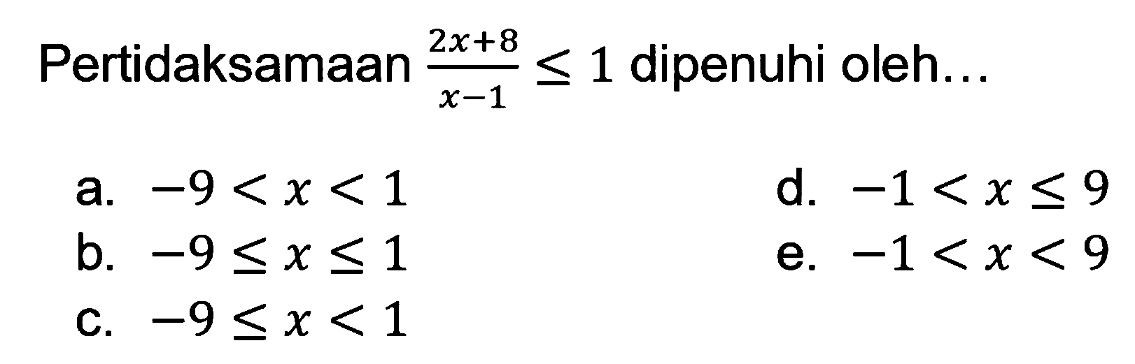 Pertidaksamaan (2x+8)/(x-1)<=1 dipenuhi oleh...