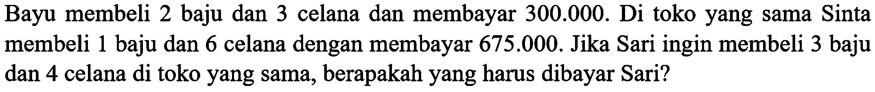 Manakah persamaan- persamaan berikut yang membentuk system persamaan linier tiga variable? xtytz-2; 3x-y-3; 2x-z-0 A X+2y-3z-4; p-2qtr; 4p-2r-2 B C x^2+2x+3-4; X+yn2=0; -Xtz-4 D 2p+q=10; p-q=-2 E 3x-4y-z-0; 2x-y=6, p-q=3