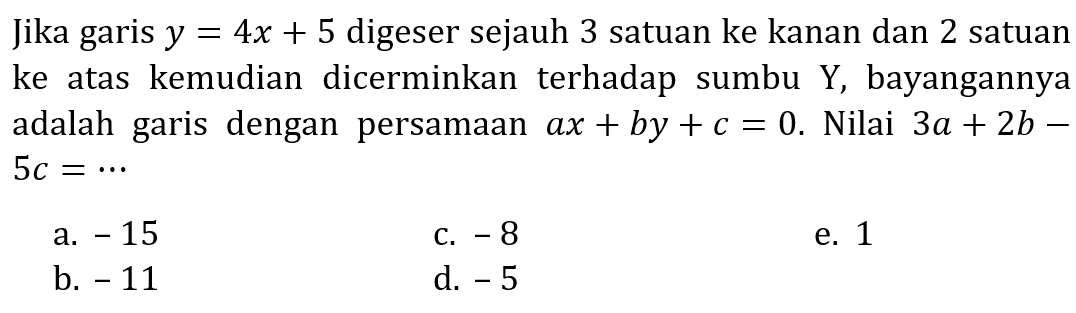 Jika garis  y=4 x+5  digeser sejauh 3 satuan ke kanan dan 2 satuan ke atas kemudian dicerminkan terhadap sumbu  Y , bayangannya adalah garis dengan persamaan  a x+b y+c=0 . Nilai  3 a+2 b-   5 c=.. 
a.  -15 
c.  -8 
e. 1
b.  -11 
d.  -5 