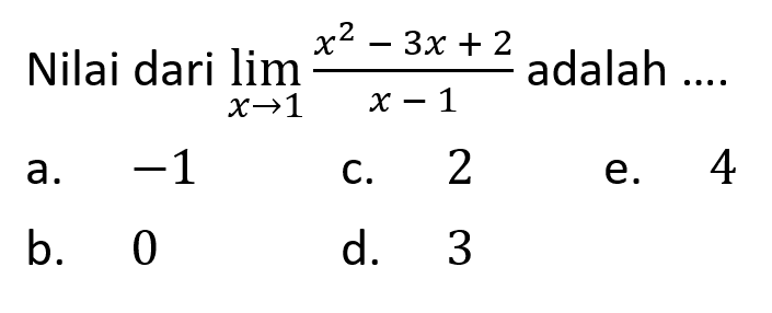 Nilai dari  lim  x ->1 (x^2-3x+2)/(x-1)  adalah .... 