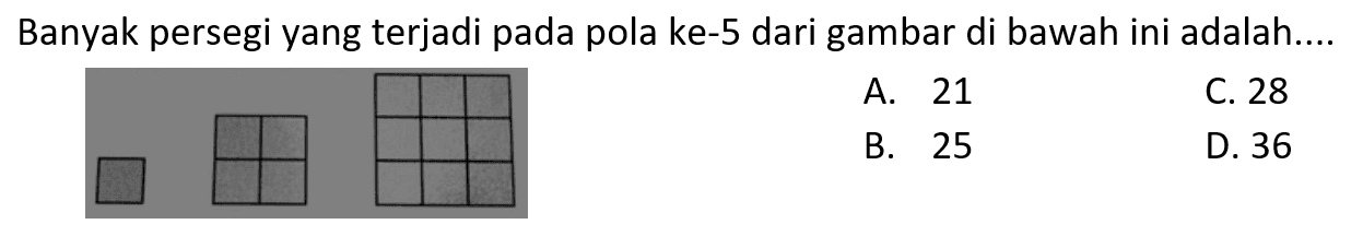 Banyak persegi yang terjadi pada pola ke-5 dari gambar di bawah ini adalah A. 21 C. 28 B. 25 D.36