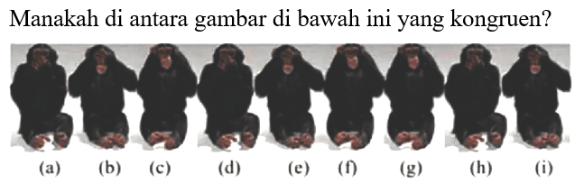 Manakah di antara gambar di bawah ini yang kongruen?(a) (b) (c) (d) (e) (f) (g) (h) (i)