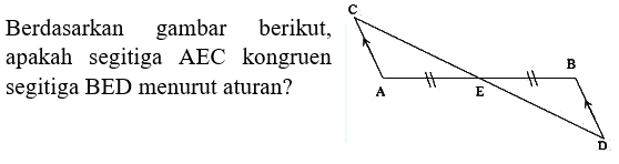 Berdasarkan gambar berikut, apakah segitiga AEC kongruen segitiga BED menurut aturan? 