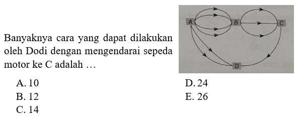 Banyaknya cara yang dapat dilakukan oleh Dodi dengan mengendarai sepeda motor ke C adalah ....A. 10 B. 12 C. 14 D. 24 E. 26
