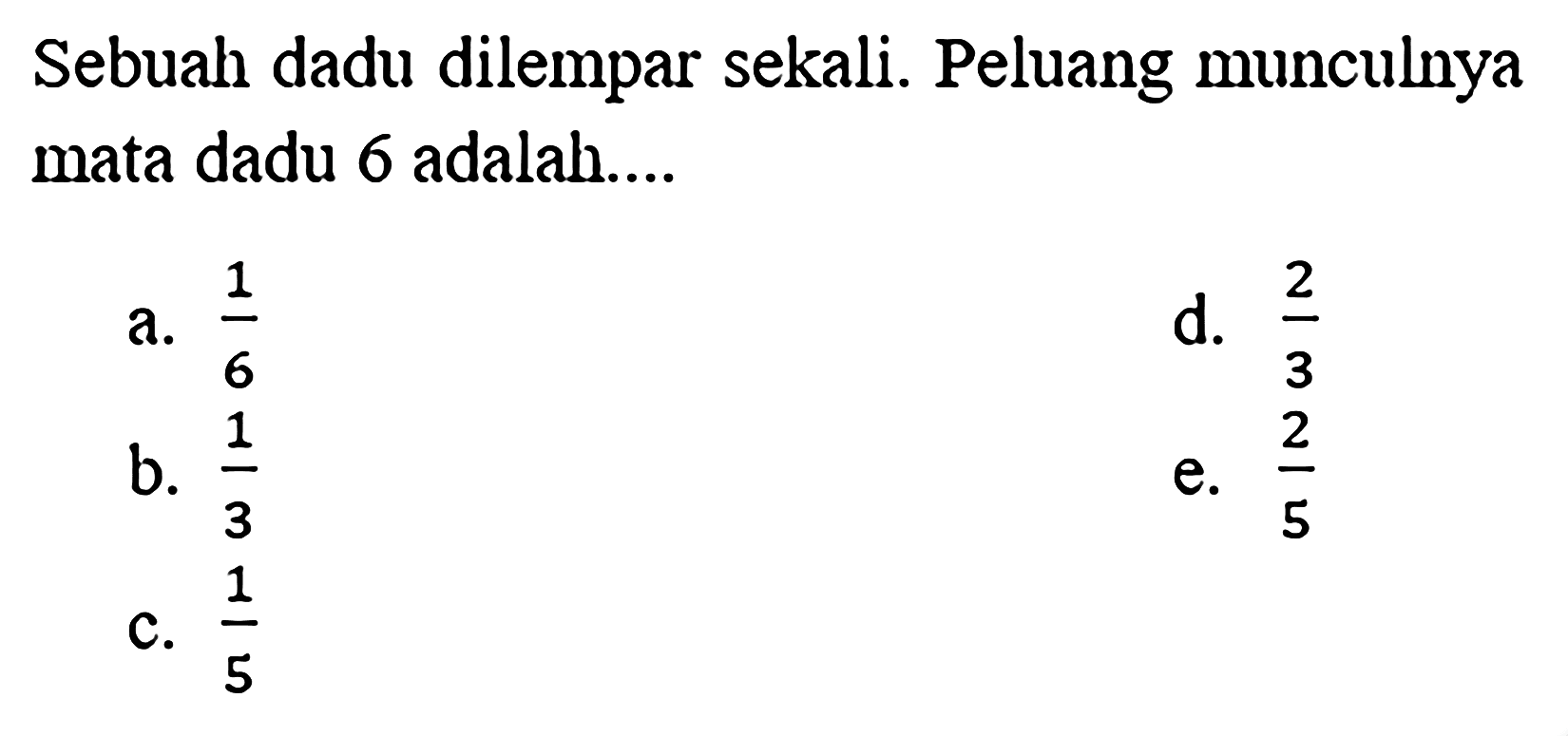 Sebuah dadu dilempar sekali. Peluang munculnya mata dadu 6 adalah....