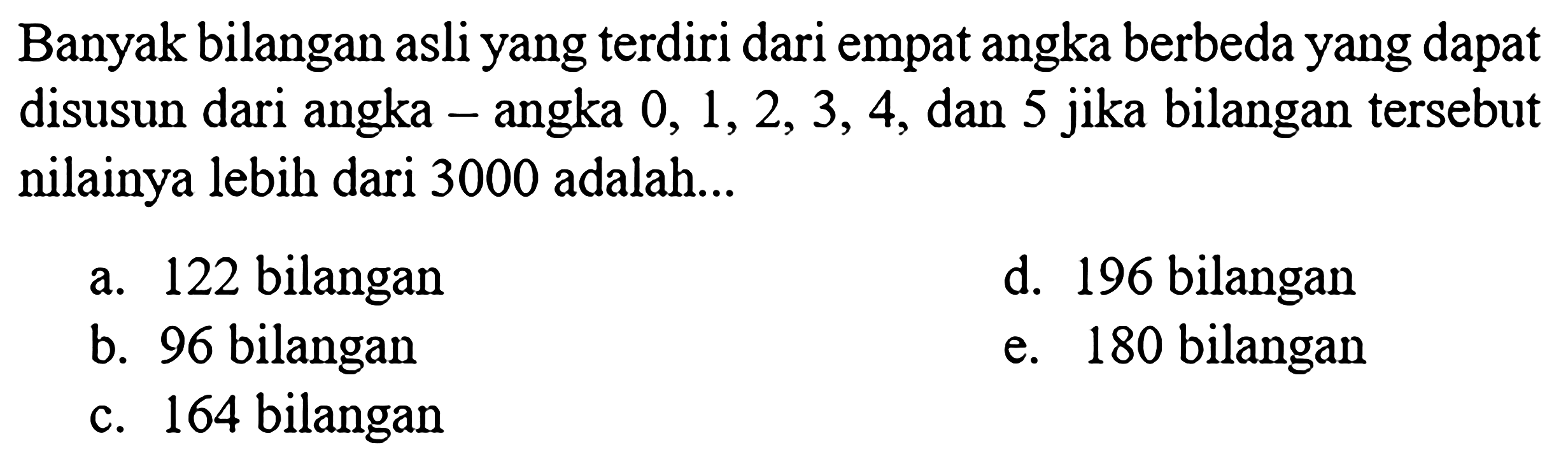 Banyak bilangan asli yang terdiri dari empat angka berbeda yang dapat disusun dari angka-angka 0, 1, 2, 3, 4, dan 5 jika bilangan tersebut nilainya lebih dari 3000 adalah...  