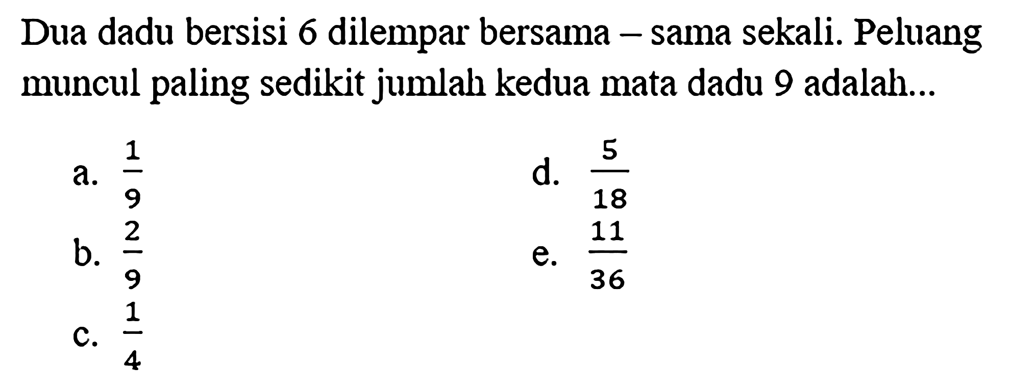 Dua dadu bersisi 6 dilempar bersama-sama sekali. Peluang muncul paling sedikit jumlah kedua mata dadu 9 adalah...