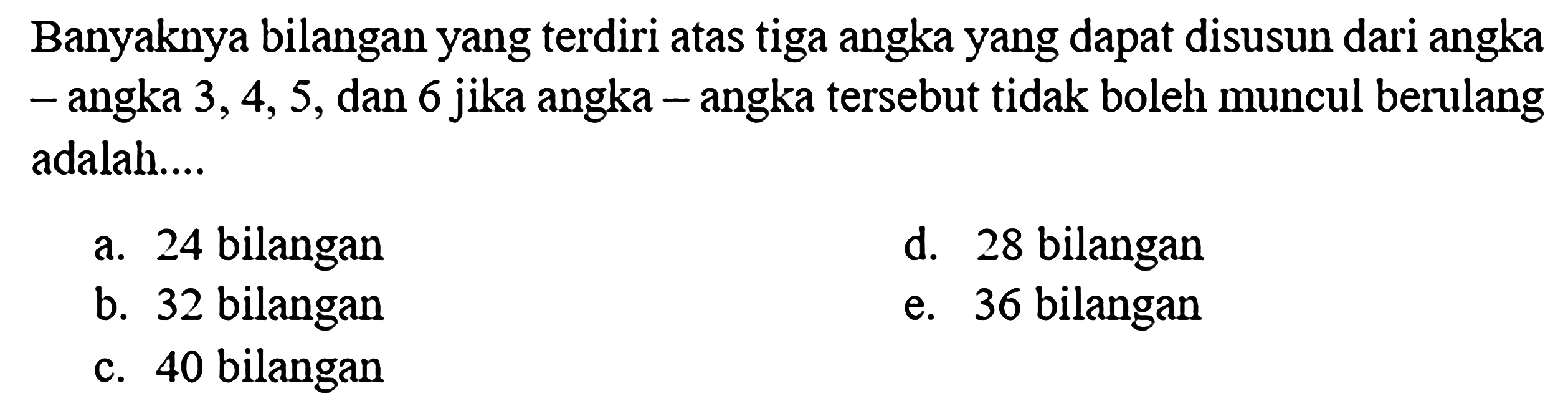 Banyaknya bilangan yang terdiri atas tiga angka yang dapat disusun dari angka-angka 3,4, 5, dan 6 jika angka tersebut tidak boleh muncul berulang  adalah