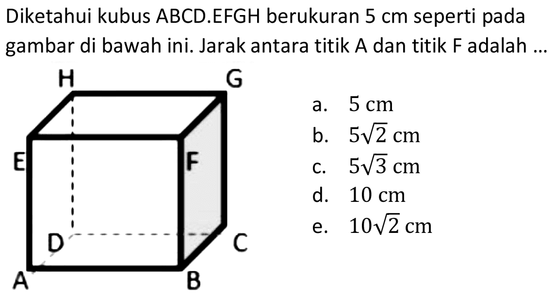 Diketahui kubus ABCD.EFGH berukuran 5 cm seperti pada gambar di bawah ini. Jarak antara titik A dan titik F adalah ... H G E F D C A B