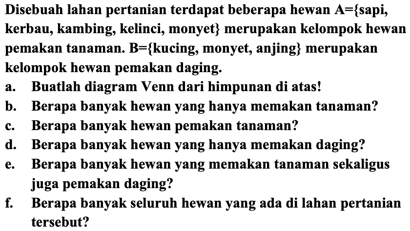 Disebuah lahan pertanian terdapat beberapa hewan A={sapi, kerbau, kambing, kelinci, monyet} merupakan kelompok hewan pemakan tanaman. B={kucing, monyet, anjing} merupakan kelompok hewan pemakan daging.
a. Buatlah diagram Venn dari himpunan di atas!
b. Berapa banyak hewan yang hanya memakan tanaman?
c. Berapa banyak hewan pemakan tanaman?
d. Berapa banyak hewan yang hanya memakan daging?
e. Berapa banyak hewan yang memakan tanaman sekaligus juga pemakan daging?
f. Berapa banyak seluruh hewan yang ada di lahan pertanian tersebut?