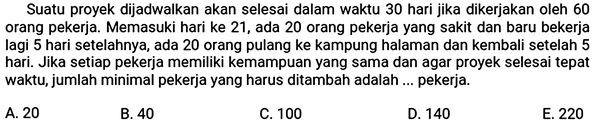 Suatu proyek dijadwalkan akan selesai dalam waktu 30 hari jika dikerjakan oleh 60 orang pekerja. Memasuki hari ke 21 , ada 20 orang pekerja yang sakit dan baru bekerja lagi 5 hari setelahnya, ada 20 orang pulang ke kampung halaman dan kembali setelah 5 hari. Jika setiap pekerja memiliki kemampuan yang sama dan agar proyek selesai tepat waktu, jumlah minimal pekerja yang harus ditambah adalah ... pekerja.
A. 20
B. 40
C. 100
D. 140
E. 220