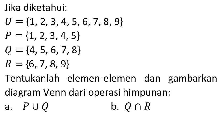 Jika diketahui:


U={1,2,3,4,5,6,7,8,9} 
P={1,2,3,4,5} 
Q={4,5,6,7,8} 
R={6,7,8,9}


Tentukanlah elemen-elemen dan gambarkan diagram Venn dari operasi himpunan:
a.  P cup Q 
b.  Q cap R 