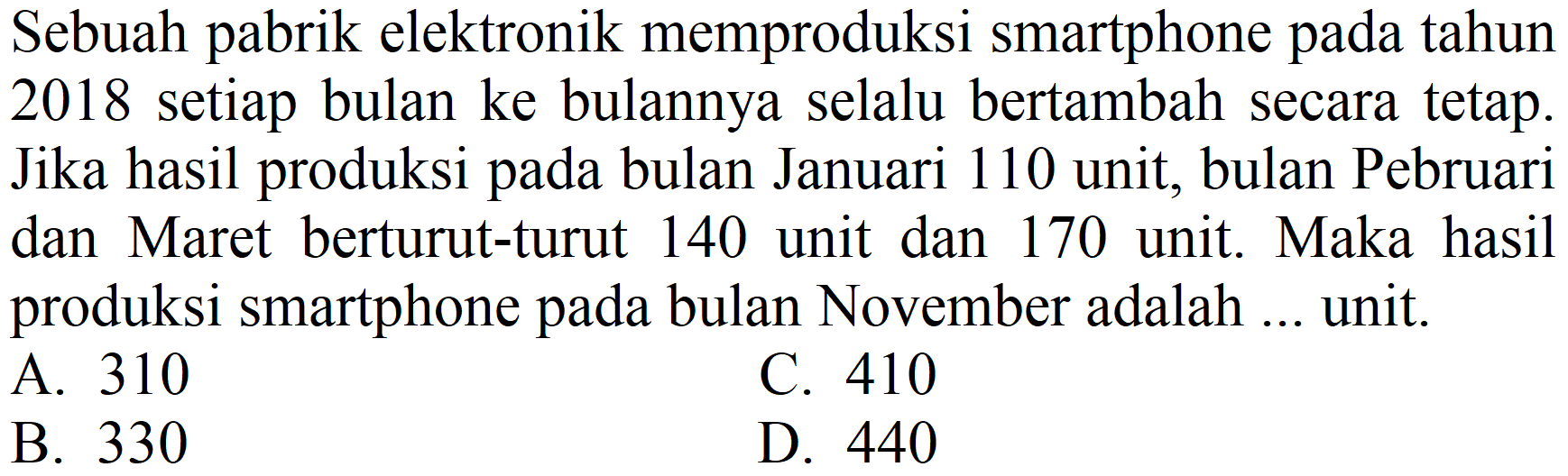 Sebuah pabrik elektronik memproduksi smartphone pada tahun 2018 setiap bulan ke bulannya selalu bertambah secara tetap. Jika hasil produksi pada bulan Januari 110 unit, bulan Pebruari dan Maret berturut-turut 140 unit dan 170 unit. Maka hasil produksi smartphone pada bulan November adalah ... unit.