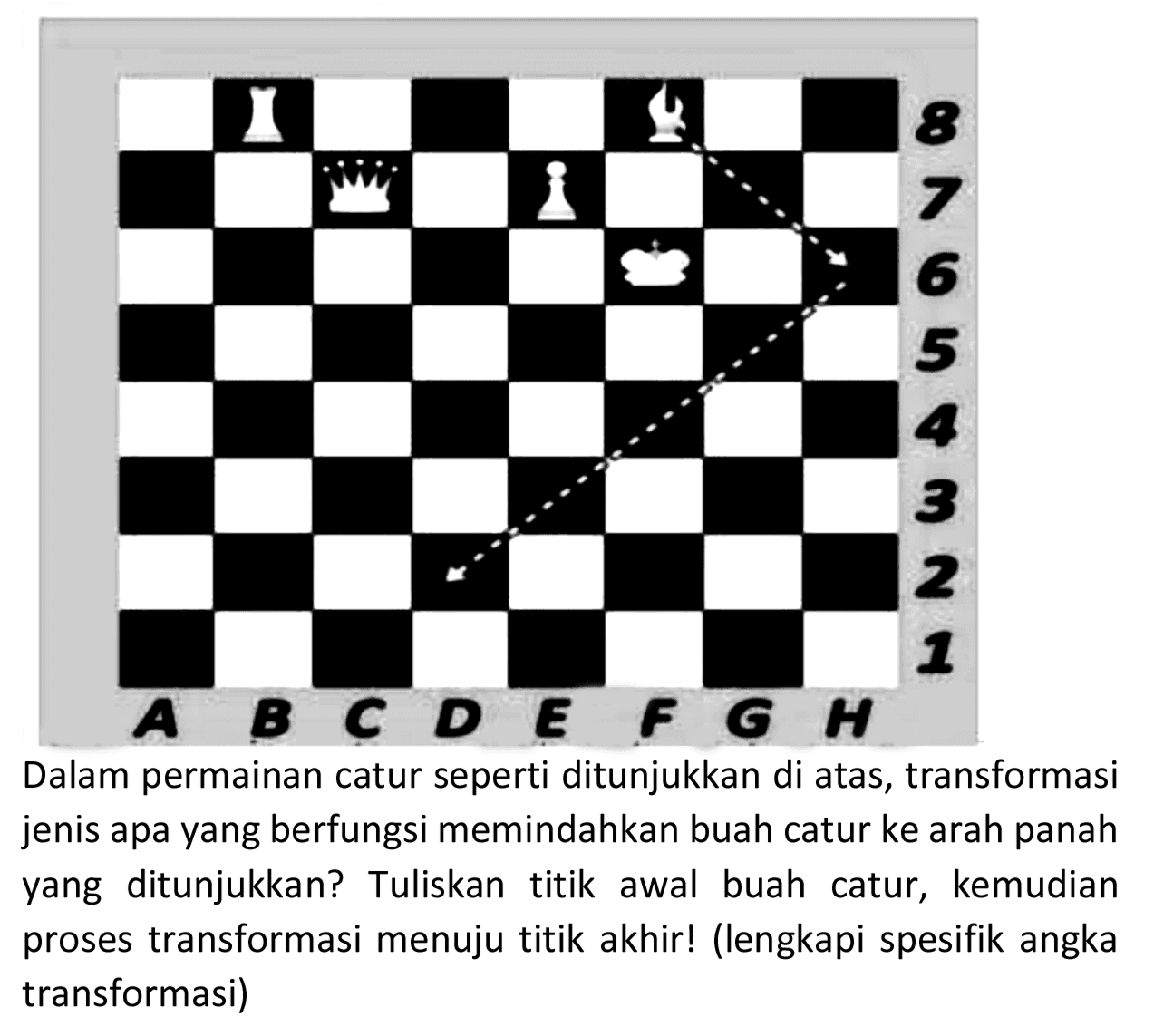 8 7 6 5 4 3 2 1 A B C D E F G H 
Dalam permainan catur seperti ditunjukkan di atas, transformasi jenis apa yang berfungsi memindahkan buah catur ke arah panah yang ditunjukkan? Tuliskan titik awal buah catur, kemudian proses transformasi menuju titik akhir! (lengkapi spesifik angka transformasi)