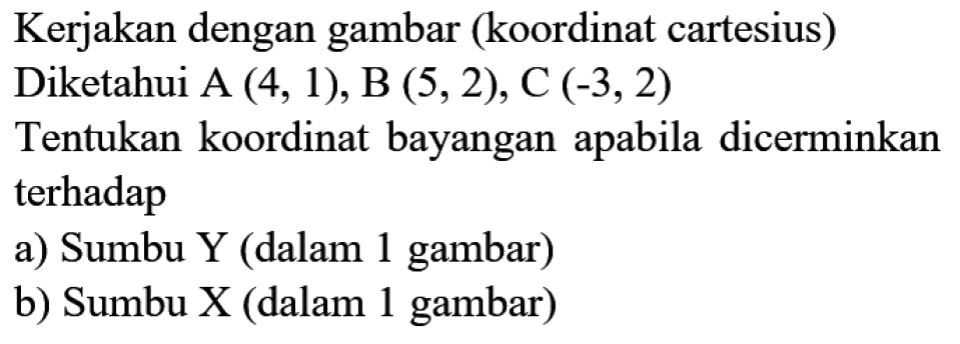 Kerjakan dengan gambar (koordinat cartesius)
Diketahui A  (4,1), B(5,2), C(-3,2) 
Tentukan koordinat bayangan apabila dicerminkan terhadap
a) Sumbu Y (dalam 1 gambar)
b) Sumbu X (dalam 1 gambar)