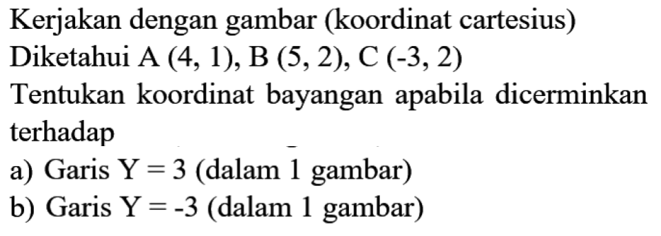 Kerjakan dengan gambar (koordinat cartesius)
Diketahui A  (4,1), B(5,2), C(-3,2) 
Tentukan koordinat bayangan apabila dicerminkan terhadap
a) Garis  Y=3  (dalam 1 gambar)
b) Garis  Y=-3  (dalam 1 gambar)