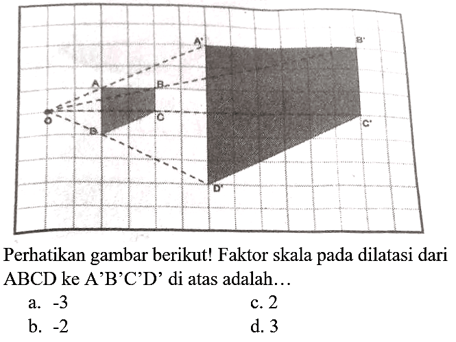 Perhatikan gambar berikutl Faktor skala pada dilatasi Perhatikan gambar berikut! Faktor skala pada dilatasi dari ABCD ke A'B'C'D' di atas adalah...
a.  -3 
c. 2
b.  -2 
d. 3