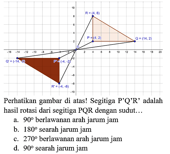 R=(4,8) P=(4,2) Q=(14,2) D P'=(-4,-2) Q'=(-14,-2_ R'=(-4,-8) Perhatikan gambar di atas! Segitiga P' Q' R ' adalah hasil rotasi dari segitiga PQR dengan sudut...
a. 90 berlawanan arah jarum jam
b. 180 searah jarum jam
c. 270 berlawanan arah jarum jam
d. 90 searah jarum jam