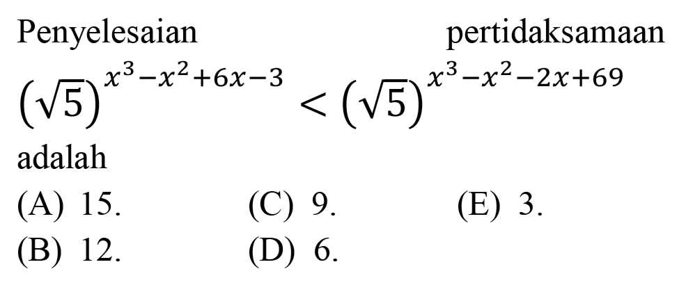 Penyelesaian
pertidaksamaan
 (akar(5))^(x^(3)-x^(2)+6 x-3)<(akar(5))^(x^(3)-x^(2)-2 x+69) 
adalah 