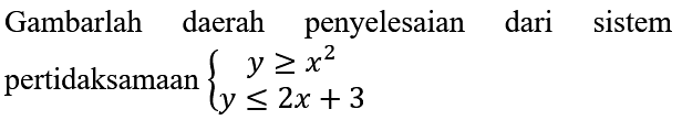 Gambarlah daerah penyelesaian dari sistem pertidaksamaan  {y >= x^(2)  y <= 2 x+3.