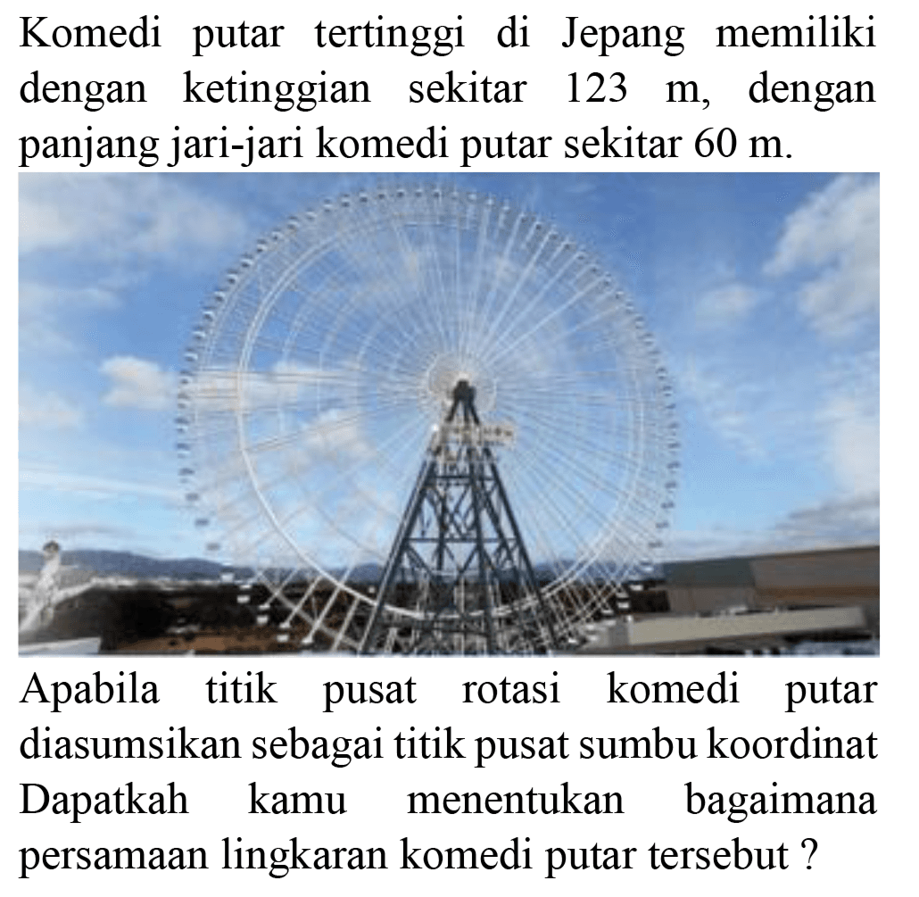 Komedi putar tertinggi di Jepang memiliki dengan ketinggian sekitar 123 m, dengan panjang jari-jari komedi putar sekitar 60 m.
Apabila titik pusat rotasi komedi putar diasumsikan sebagai titik pusat sumbu koordinat Dapatkah kamu menentukan bagaimana persamaan lingkaran komedi putar tersebut? 