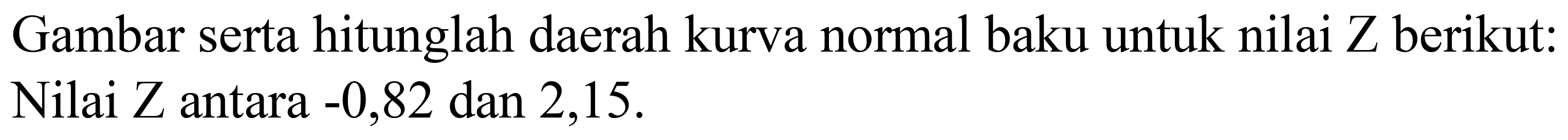 Gambar serta hitunglah daerah kurva normal baku untuk nilai  Z  berikut: Nilai  Z  antara  -0,82  dan 2,15 .
