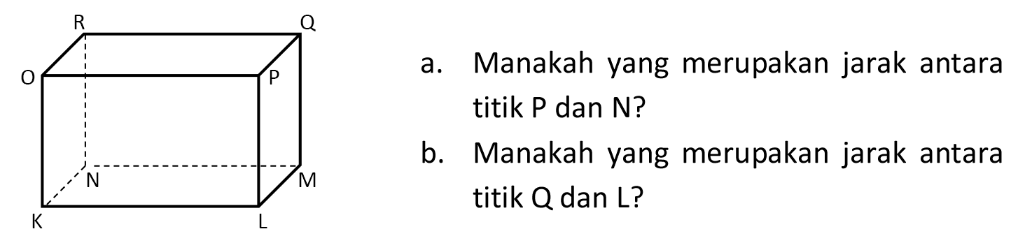 R Q O P N M K L
Manakah yang merupakan jarak antara titik  P  dan N?
b. Manakah yang merupakan jarak antara titik  Q  dan L?
