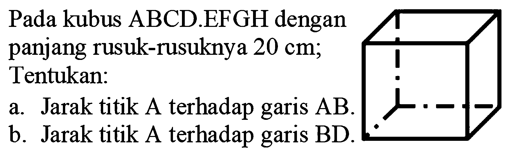 Pada kubus ABCD.EFGH dengan panjang rusuk-rusuknya  20 cm ; Tentukan:
a. Jarak titik A terhadap garis  A B 
b. Jarak titik A terhadap garis BD.
