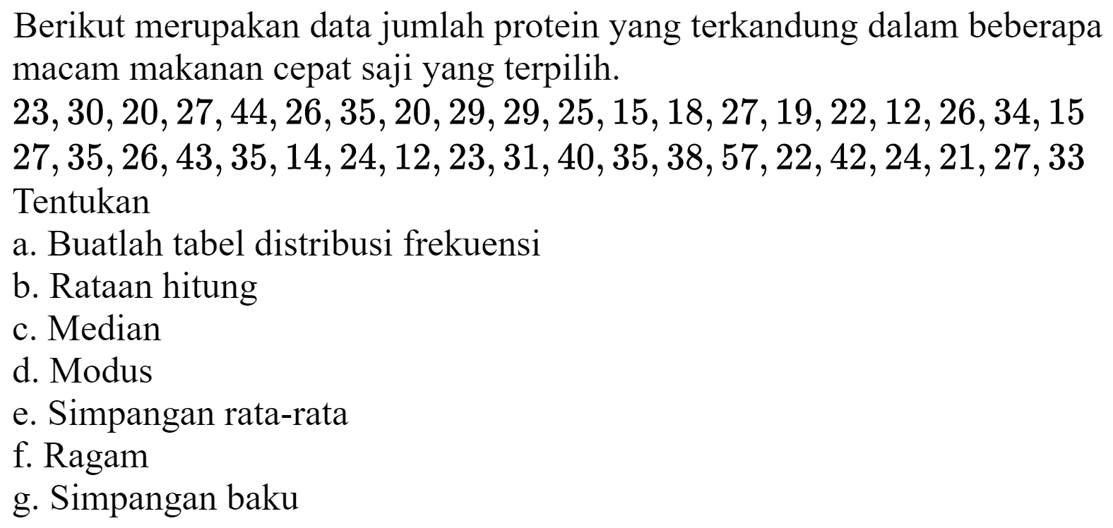 Berikut merupakan data jumlah protein yang terkandung dalam beberapa macam makanan cepat saji yang terpilih.
 23,30,20,27,44,26,35,20,29,29,25,15,18,27,19,22,12,26,34,15   27,35,26,43,35,14,24,12,23,31,40,35,38,57,22,42,24,21,27,33  Tentukan
a. Buatlah tabel distribusi frekuensi
b. Rataan hitung
c. Median
d. Modus
e. Simpangan rata-rata
f. Ragam
g. Simpangan baku