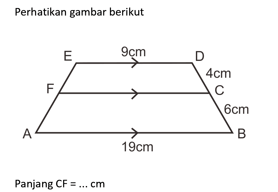 Perhatikan gambar berikut.
E 9cm D
4cm
F C
6cm
A 19 cm B
Panjang CF=... cm 