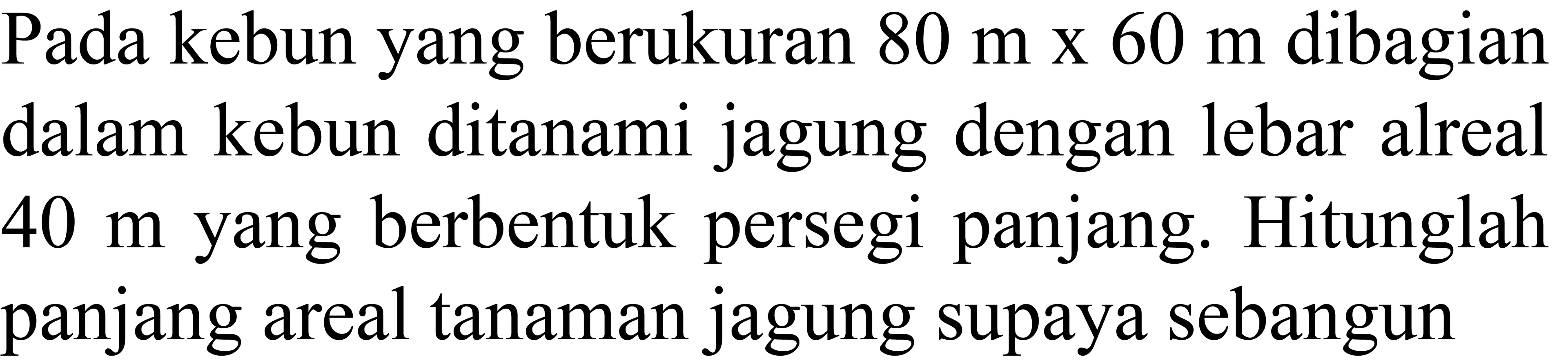 Pada kebun yang berukuran  80 m x 60 m  dibagian dalam kebun ditanami jagung dengan lebar alreal  40 m  yang berbentuk persegi panjang. Hitunglah panjang areal tanaman jagung supaya sebangun