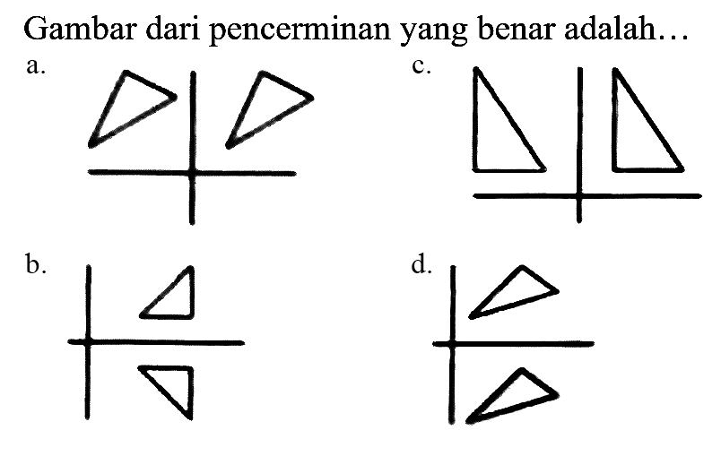 Gambar dari pencerminan yang benar adalah...
a.
b.
CC(C)(C)C1CC1
 d .