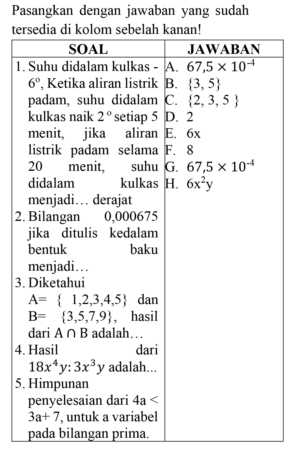 Pasangkan dengan jawaban yang sudah tersedia di kolom sebelah kanan!