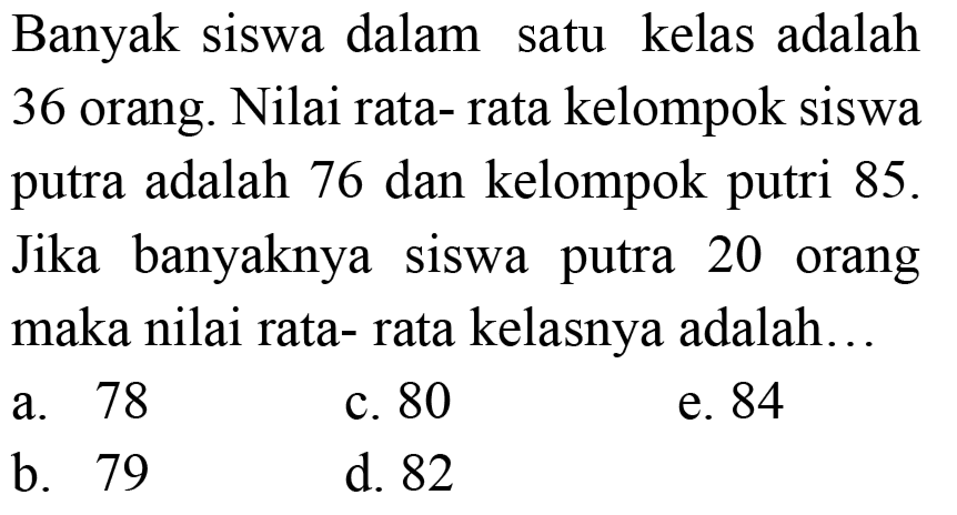 Banyak siswa dalam satu kelas adalah 36 orang. Nilai rata- rata kelompok siswa putra adalah 76 dan kelompok putri 85 . Jika banyaknya siswa putra 20 orang maka nilai rata- rata kelasnya adalah...
