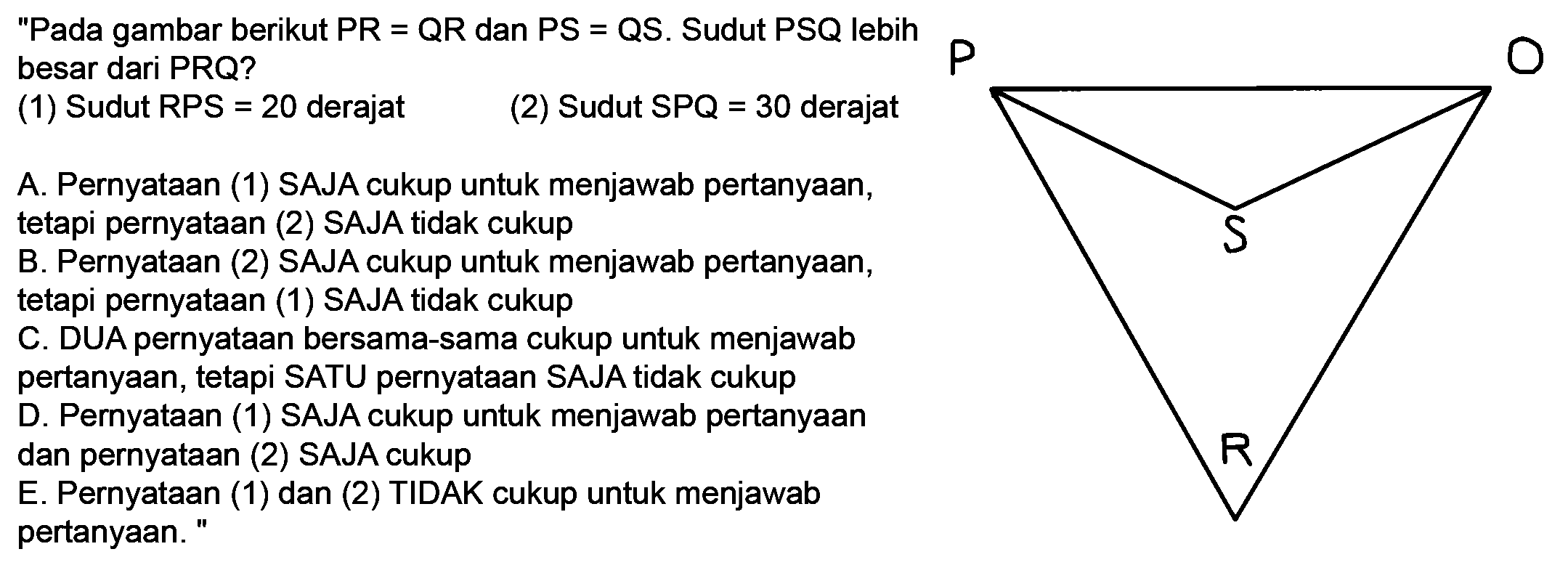 "Pada gambar berikut  P R=Q R  dan  P S=Q S . Sudut  P S Q  lebih besar dari  PRQ  ?
(1) Sudut RPS  =20  derajat
(2) Sudut  S P Q=30  derajat
P O S R