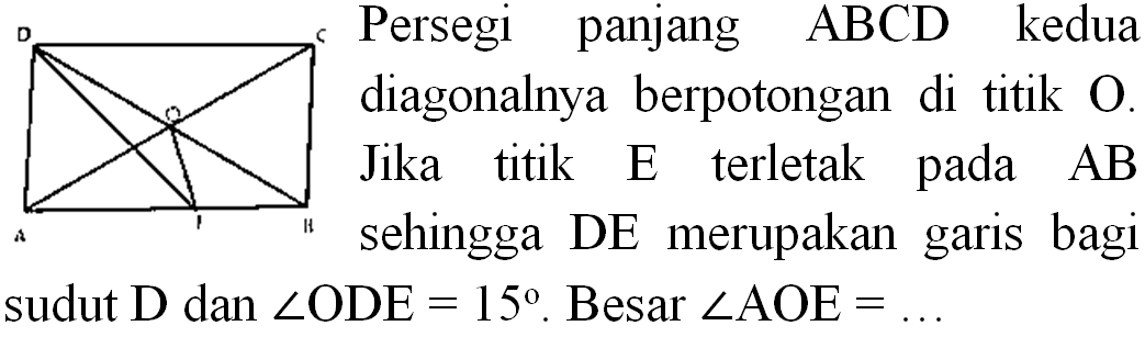 Persegi panjang ABCD kedua diagonalnya berpotongan di titik  O . Jika titik  E  terletak pada  AB  sehingga DE merupakan garis bagi Sudut  D  dan  sudut ODE=15 . Besar  sudut AOE=...
D C O A B