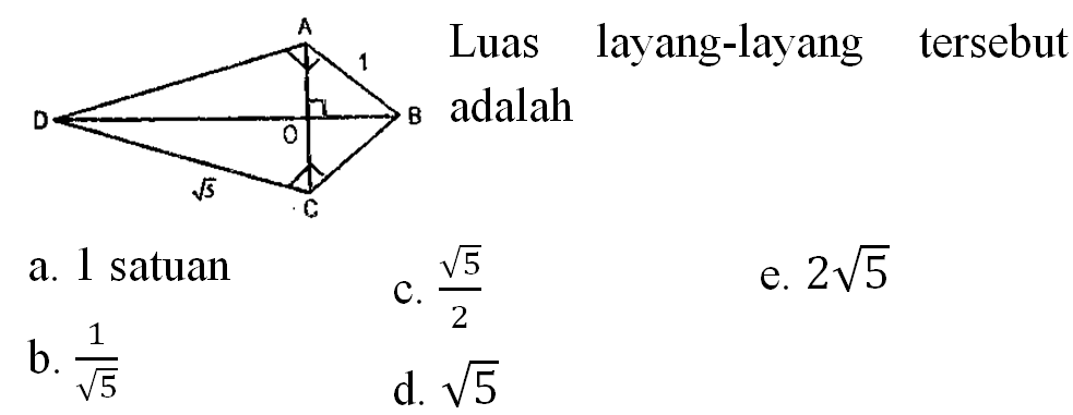 Luas layang-layang tersebut adalah
a. I satuan
C.  (akar(5))/(2) 
e.  2 akar(5) 
b.  (1)/(akar(5)) 
d.  akar(5) 