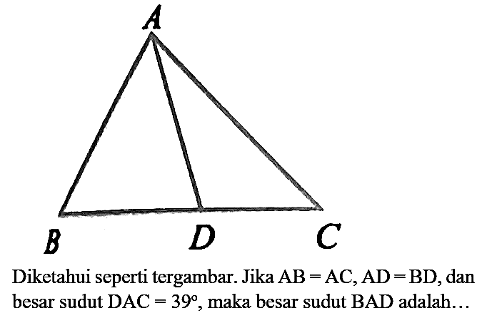 A B D C
Diketahui seperti tergambar. Jika  AB=AC, AD=BD , dan besar sudut  DAC=39 , maka besar sudut BAD adalah..