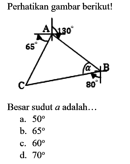 Perhatikan gambar berikut!
Besar sudut  a  adalah...
a.  50 
b.  65 
c.  60 
d.  70 