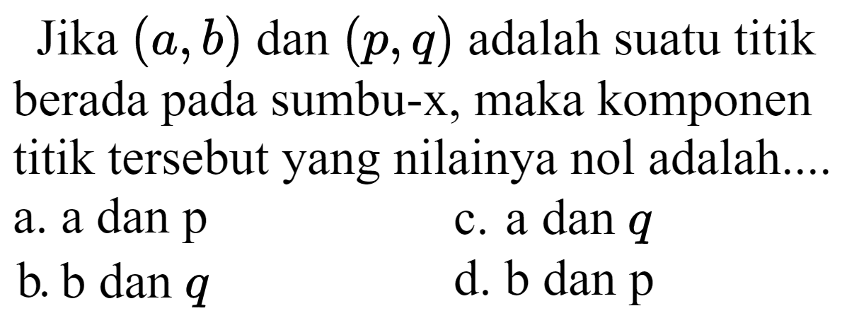 Jika  (a, b)  dan  (p, q)  adalah suatu titik berada pada sumbu-x, maka komponen titik tersebut yang nilainya nol adalah....
a. a dan  p 
c. a dan  q 
b. b dan  q 
d. b dan  p 